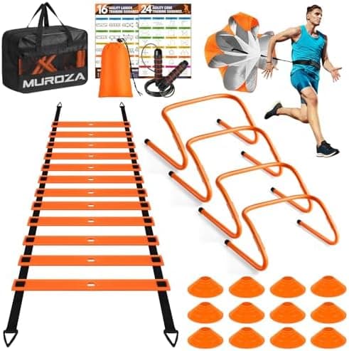 MUROZA Agility Ladder, Agility Speed Training Equipment Set, 20ft Speed Ladder, 12 Soccer Cones, 4 Hurdles, Jump Rope, Running…