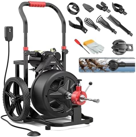 100 ft x 1/2 inch POPULO Auto Feed Electric Drain Snake Auger for 2 to 4 Inch Pipes, Sewer Plumbing Snake Auger, Heavy Duty Drain…
