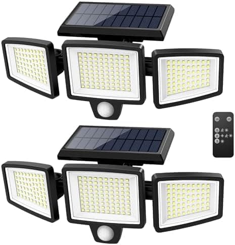 Tuffenough Solar Outdoor Lights 2500LM 210 LED Security Lights with Remote Control,3 Heads Motion Sensor Lights, IP65…