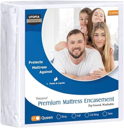 Utopia Bedding Premium Waterproof Bed Bug Mattress Cover, Queen Zippered Mattress Protector, 12 Inches Deep, Dust Mite Proof…
