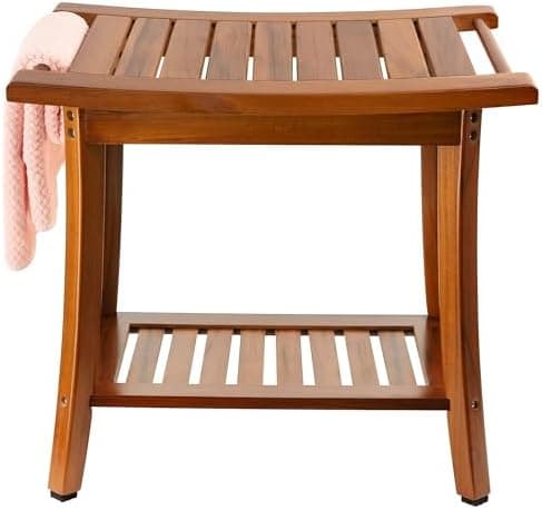 Utoplike Teak Shower Bench Seat with Handles, Portable Wooden Spa Bathing Stool with Storage Towel…