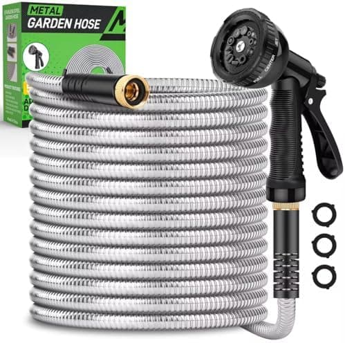 Garden Hose 50ft, Heavy Duty Stainless Steel Water Hose with 10 Functional Nozzles, No Kink, Lightweight and Flexible, Easy to…