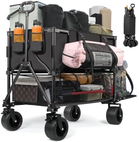 Double Decker Wagon Heavy Duty Collapsible, 600LBS 400L Capacity Foldable Utility Cart with Big Wheels for…