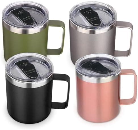 Volhoply 14oz Insulated Stainless Steel Coffee Mug with Lid Bulk 4 Pack,Double Wall Vacuum Travel Coffee Cup with Handle,Reusable…