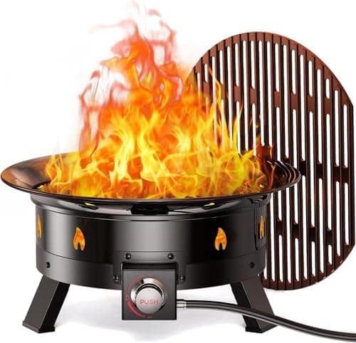 Ciays Large Propane Fire Pit 19 Inch, Gas Fire Pit with Grill Grate, Folding Legs, Hose Hooks, Propane Tank Holder, Cover & Carry…