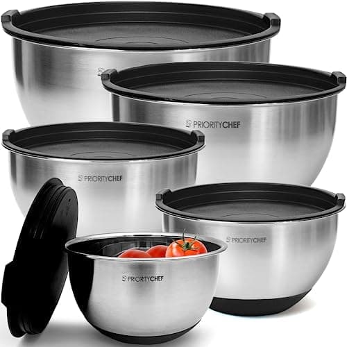 Priority Chef Premium Mixing Bowls With Lids Set, Airtight Lids, Thicker Stainless Steel, Non-Slip Base, 5 Nesting Steel Bowls…