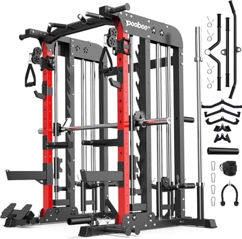 pooboo Multi-Functional Machine Power Cage, 2000LB Squat Rack, LAT-Pull Down System, Dual Pulley…