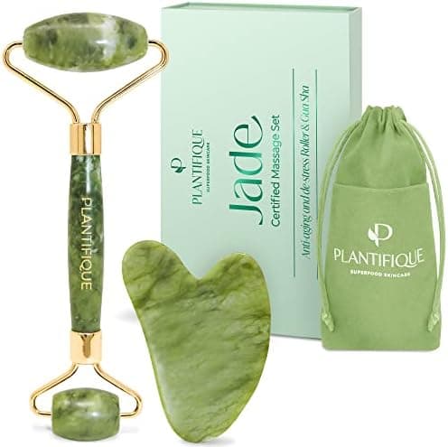 PLANTIFIQUE Jade Roller & Gua Sha Set – Real Jade Facial Tools for Skin Care Routine – Certified Face…