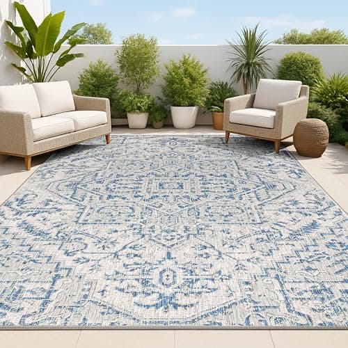 JONATHAN Y Boho Medallion Indoor Outdoor Area Rug 8X10 Navy/Gray, Estrella Textured Weave for Backyard, Patio, Porch…