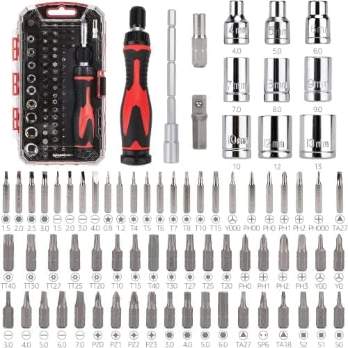 Amazon Basics Magnetic Ratcheting Wrench and Electronics Precision Screwdriver Tool Set, 73-Piece, with Carry Case for Household…