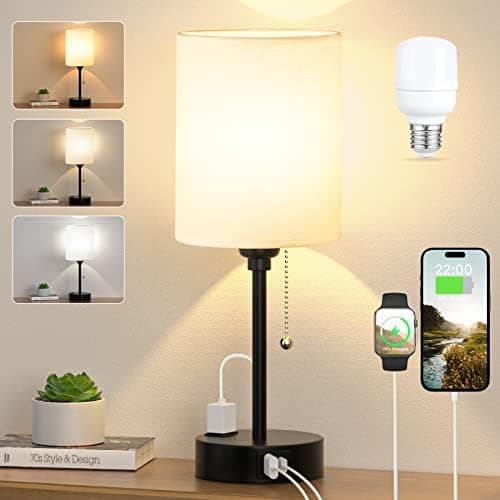 Small Bedside Table lamp for Bedroom - 3 Color Temperatures Bedside Lamps with USB C and A Ports, Pull Chain…