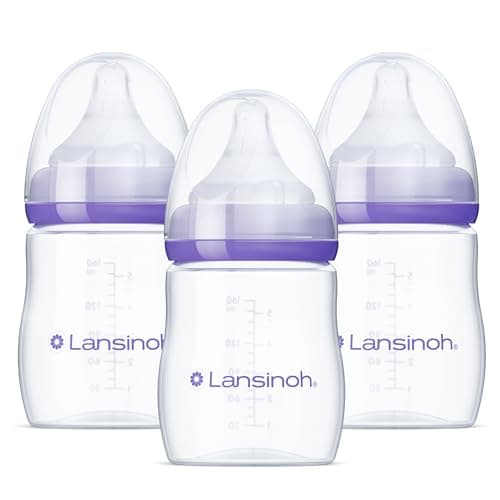 Lansinoh Anti-Colic Baby Bottles, BPA-Free Plastic, 5 Ounces, 3 Count, Slow Flow Nipples (Size S), Breastfeeding Bottle with…