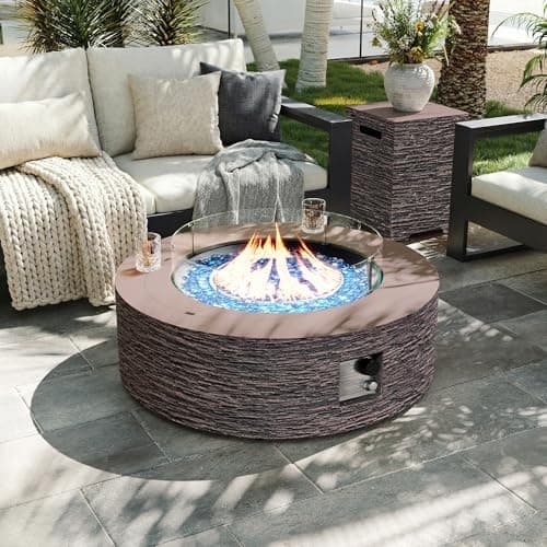 UPHA 42-inch Outdoor Propane Gas Fire Pit Table 50000 BTU Concrete Round FirePit for Outside Patio with Propane Tank Cover, Wind…