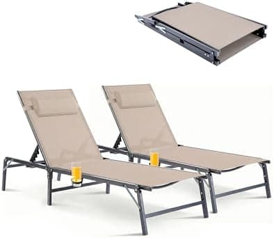 2 Pack Foldable Chaise Lounge Chair with Cup Holder, Assemble-Free Outdoor Lounge Chair with Detachable Pillow and 6 Adjustable…