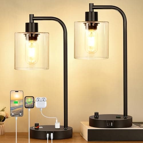 Set of 2 Industrial Table Lamps with USB C+A Ports and Outlet, Fully Stepless Dimmable Bedside Lamps for Bedrooms, Nightstand…
