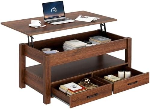 Rolanstar Coffee Table, Lift Top Coffee Table with Drawers and Hidden Compartment, Retro Central Table with…