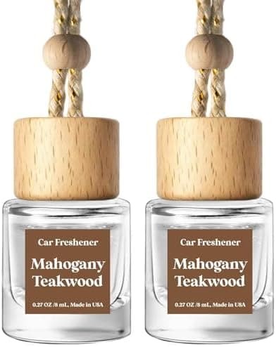C Classy Car Air Freshener Hanging 2 Pack, Mahogany Teakwood Essential Oil Diffuser, Cute Glass Bottle, Long-Lasting Fragrance…