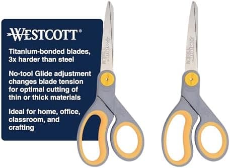 Westcott 8” Titanium Bonded Scissors with Adjustable Glide and Soft Handle, 2-Pack- Durable Multipurpose…
