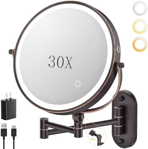 9" Wall Mounted Lighted Makeup Mirror,4000mAh Rechargeable Double Sided 1X/30X Magnifying Mirror with Light,Touch…