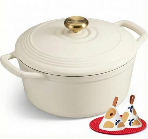 Overmont Enameled Cast Iron Dutch Oven - 5.5QT Pot with Lid Cookbook & Cotton Potholders - Heavy-Duty Cookware for Braising…