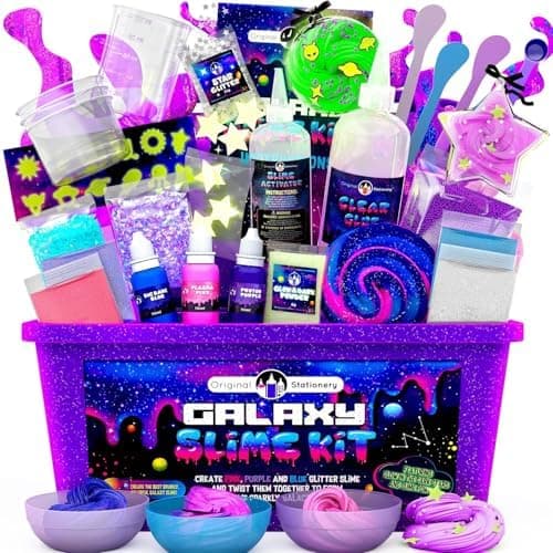Original Stationery Galaxy Slime Kit for Kids Ages 8–12, DIY Space Slime Set with Glow-in-The-Dark Stickers & Galactic Glitter…