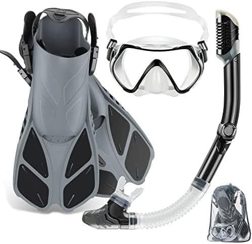 ZEEPORTE Mask Fin Snorkel Set, Travel Size Snorkeling Gear for Adults with Panoramic View Anti-Fog Mask, Trek Fins, Dry Top…
