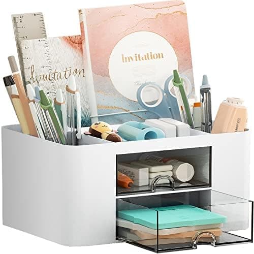 Marbrasse Pen Organizer with 2 Drawer, Multi-Functional Pencil Holder for Desk, Desk Organizers and Accessories with 5…