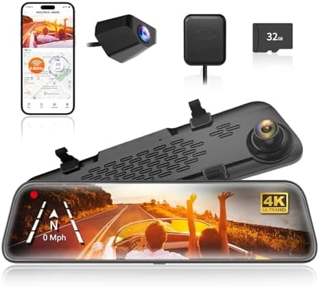 WOLFBOX G840S 12" 4K Mirror Dash Cam Backup Camera, 5.8GHz WiFi Smart…