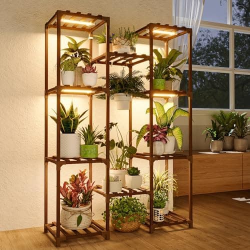 Bamworld Plant Stand with Grow Light Plant Shelf for Mutiple Pots Large Plant Holder for Living Room Patio Boho Home Decor for…
