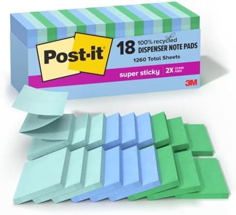 Post-it Super Sticky 100% Recycled Pop-up Notes, Oasis Collection, 3 in. x 3 in., 70 Sheets, 18 Pads, School Supplies and Office…