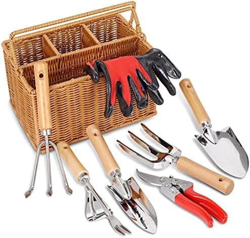 SOLIGT Garden Tools Set with Basket, Heavy Duty Stainless Steel Gardening Hand Tool with Wood Handle, Pruning Shears, Gloves…