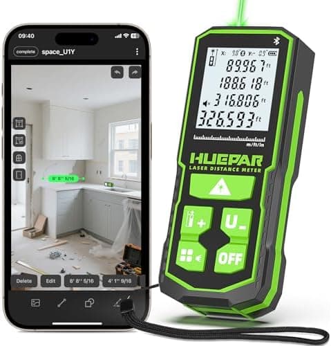 Huepar 330Ft Green Laser Measuring Tool with APP Control, 5 Years Warranty, Rechargeable Bluetooth Distance Meter, ±1/16" High…