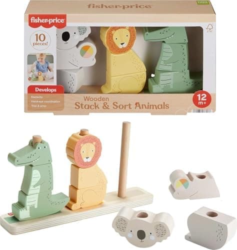 Fisher-Price Wood Baby Toy Stack & Sort Animals, 10 Wooden Pieces for Developmental Play for Infants & Toddlers Ages 1+ Years The…