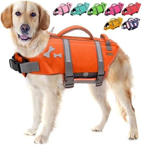 EMUST Dog Life Jacket, XL, NewOrange, Waterproof, Breathable, Adjustable with Rescue Handle, for Swimming Pool Beach Boating
