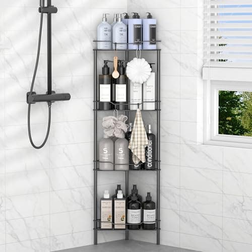 HuggieGems 4 Tier Floor Standing Corner Shower Caddy Organizer Shelf with Hooks, Bathroom Shelves Stand Rack, Black