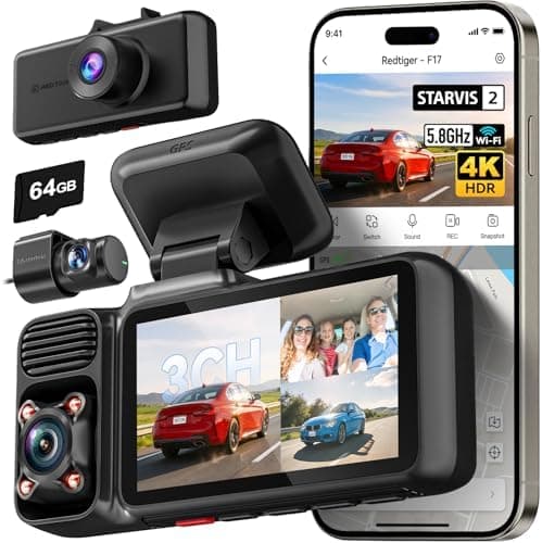 REDTIGER F17 4K 3 Channel Dash Cam, STARVIS 2 IMX675 HDR, 2160P+1080P+1080P Front Inside and Rear Triple Car…