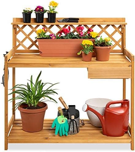 Best Choice Products Outdoor Garden Potting Bench, Wooden Workstation Table w/Cabinet Drawer, Open Shelf, Lower Storage, Lattice…