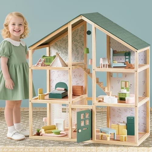 Tiny Land Wooden Dollhouse for Girls - 6 Rooms Wooden Doll House, DIY Pretend Doll House with 31Pcs Furniture Accessories…
