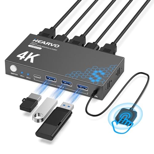 Hearvo USB 3.0 HDMI KVM Switch 1 Monitors 2 Computers, 4K@60Hz KVM Switches for 2 Computers Sharing Monitor Keyboard Mouse Hard…