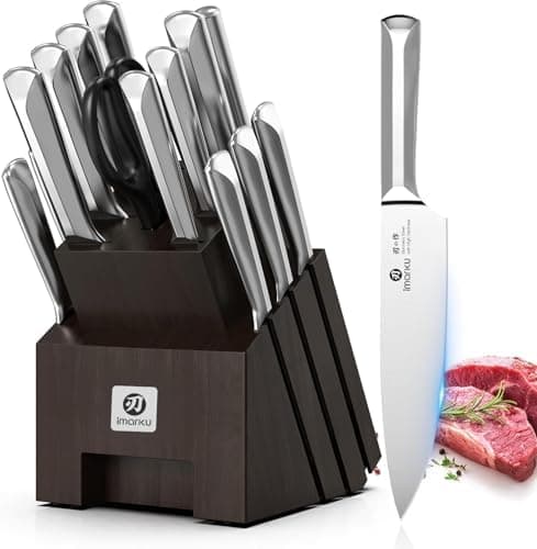 imarku Knife Set, 16Pcs Japanese Knife Set with Block & Built-in Sharpener, High Carbon Stainless Steel Kitchen Knives, Non-Slip…