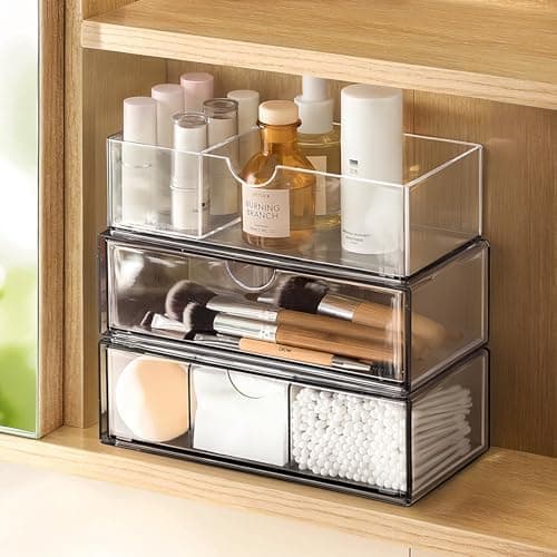 PAVSTINE Medicine Cabinet Organizer 3 Pack, Plastic Stackable Storage with 2 Drawers, Bathroom Mirror Cabinet Organizer with…