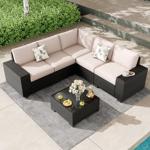 Patio Furniture Set, 6 Pieces Outdoor Couch Sofa with Wider Armrests & Glass Coffee Table, Outdoor Sectional Furniture with Thick…