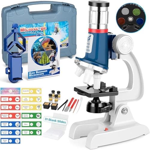 58-Piece Kids Microscope Kit - 100X-1200X Magnification, Metal Body, LED Light, Carrying Box - Science Experiment Toy for Kids…