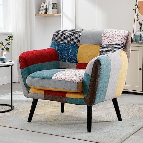 Bonzy Home Modern Oversized Accent Chair for Living Room, Colorful Boho Linen Fabric Upholstered Armchair with Wood Legs, Single…