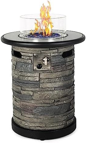 BAIDE HOME Outdoor Propane Fire Pit Table, Round Porcelain Tile Top 22" Fire Bowl Column W/ 40,000 BTU Firepit Table…
