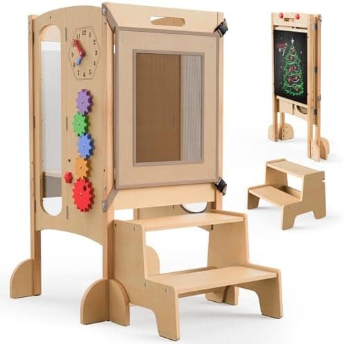 JUZBOT Toddler Tower- Foldable Wooden Kitchen Stool Helper with Safety Net, Anti-Tip Base, Detachable Step, Chalkboard &…