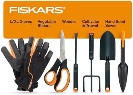 Fiskars Vegetable Gardening Essentials 6-Piece Tool Set for Cultivating, Serrated Stainless Steel Shears & 4-in-1 Seed Sower for…