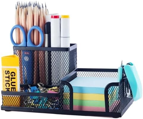 M&G Mesh Pen Holder Desk Organizers Pencil Holder for Desk Black, 3 Compartments Metal Office Supply Organizer with Sticky Notes…