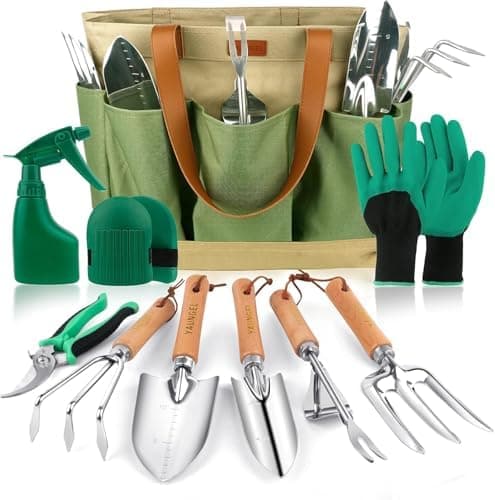 YAUNGEL Gardening Tools Set of 10 Heavy Duty Gardening Hand Tools Stainless Steel Garden Tools with…