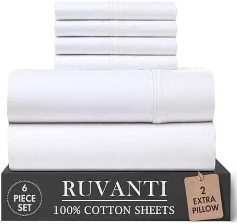 RUVANTI 100% Cotton Percale Sheets King Size 6 Piece Set, Bright White | Cooling for Hot Sleepers, Deep Pocket 16", Breathable…